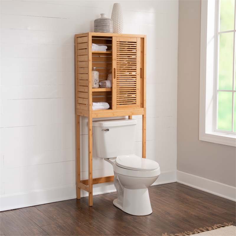Pemberly Row Bamboo Over-the-Toilet Cabinet with Sliding Doors in Natural