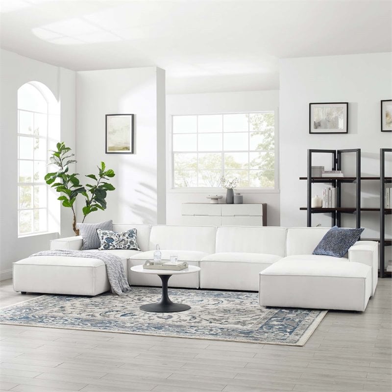 Pemberly Row 6-Piece Fabric Sectional Sofa in White with French Piping