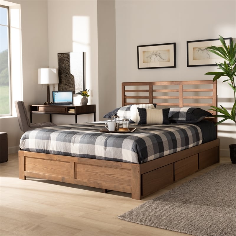 Pemberly Row Piera King Wood Bed with 3 Drawers Ash Walnut Finish