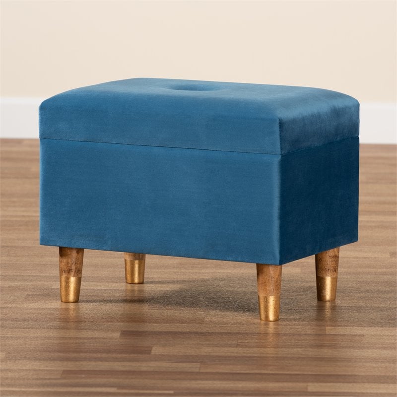 Pemberly Row Sky Blue Velvet Storage Ottoman with Brown Finished Wood