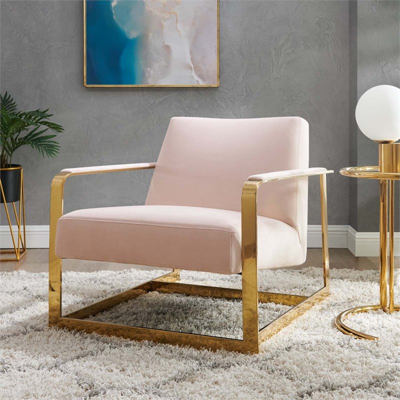 Pemberly Row Velvet Upholstered Accent Chair in Gold and Pink