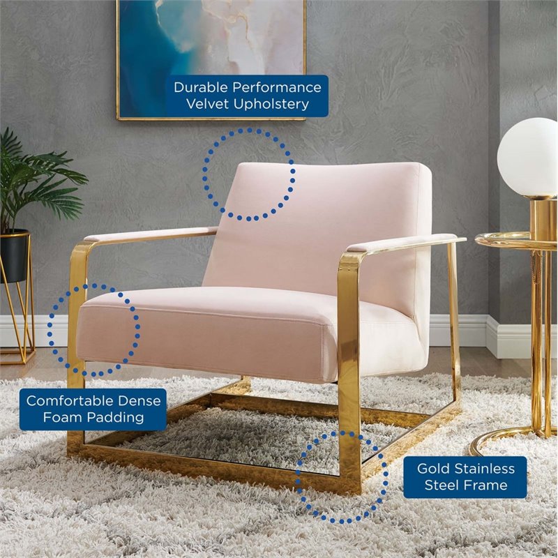 Pemberly Row Velvet Upholstered Accent Chair in Gold and Pink