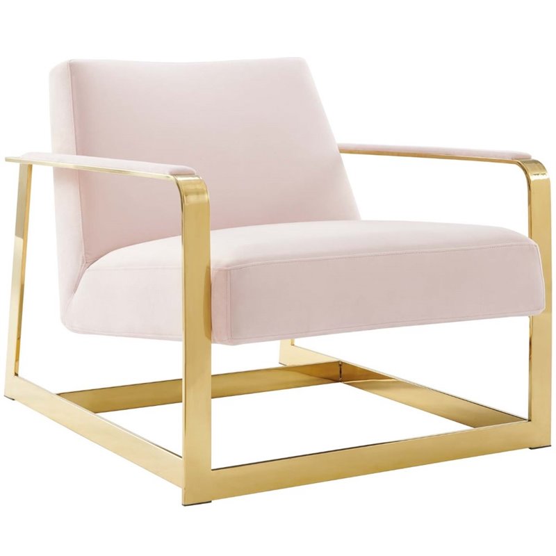 Pemberly Row Velvet Upholstered Accent Chair in Gold and Pink