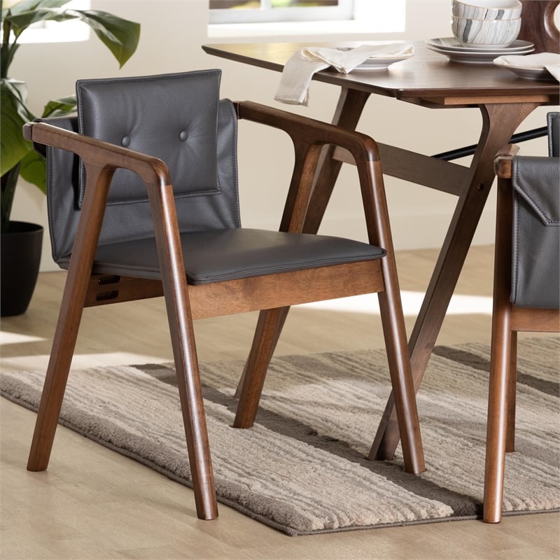 Pemberly Row Set of 2 Dining Chairs in Grey Fabric and Walnut Brown Wood