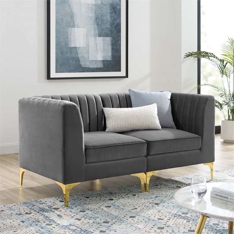 Pemberly Row Channel Tufted Velvet Loveseat in Gray with Gold Metal Legs