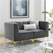 Pemberly Row Channel Tufted Velvet Loveseat in Gray with Gold Metal Legs