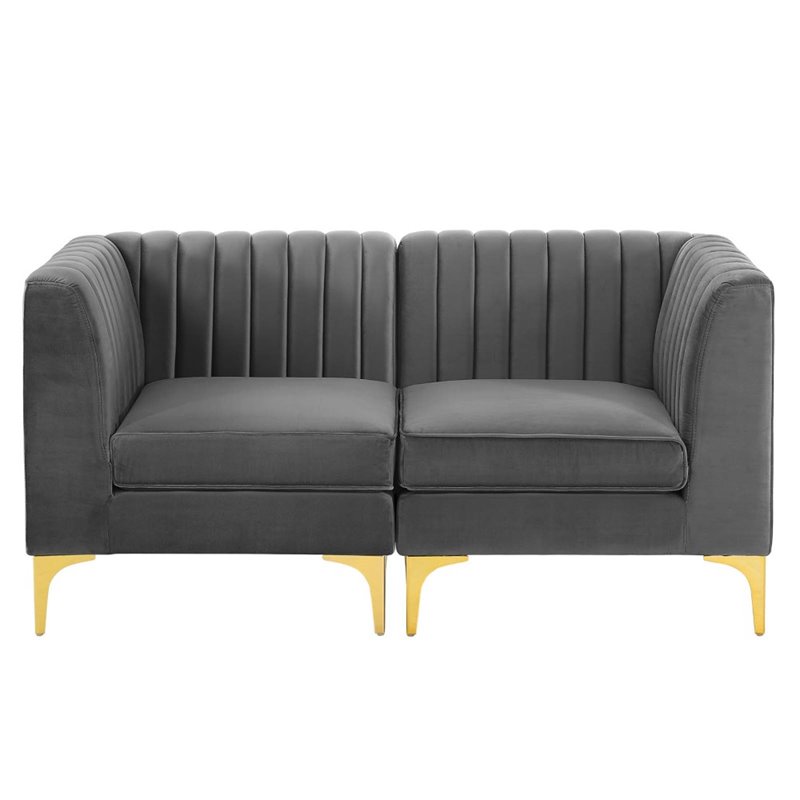 Pemberly Row Channel Tufted Velvet Loveseat in Gray with Gold Metal Legs