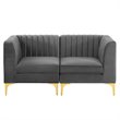 Pemberly Row Channel Tufted Velvet Loveseat in Gray with Gold Metal Legs