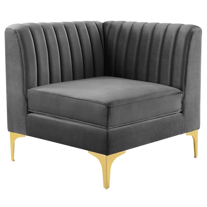 Pemberly Row Channel Tufted Velvet Loveseat in Gray with Gold Metal Legs