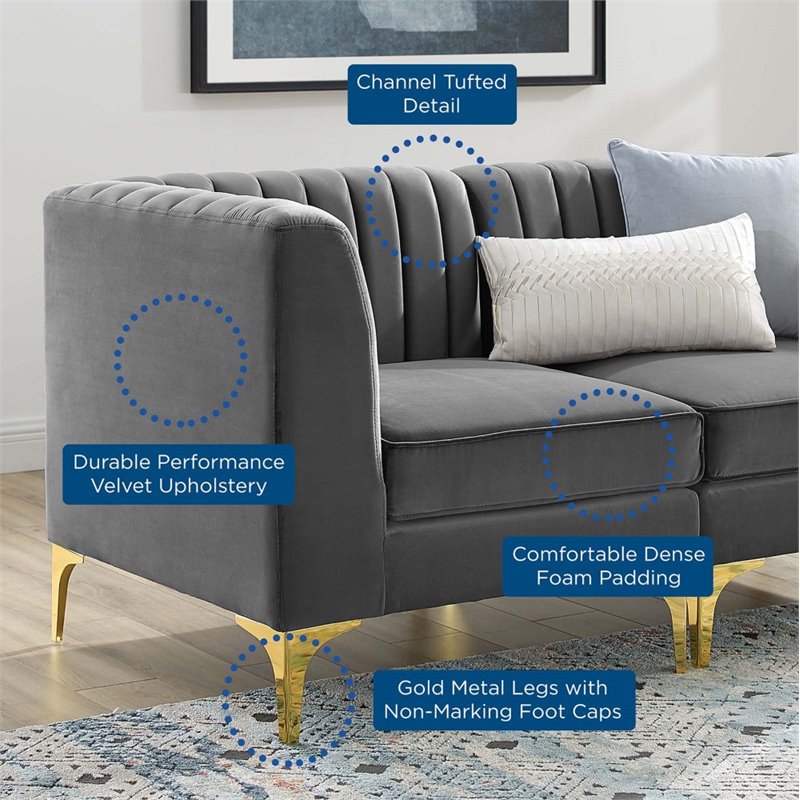 Pemberly Row Channel Tufted Velvet Loveseat in Gray with Gold Metal Legs