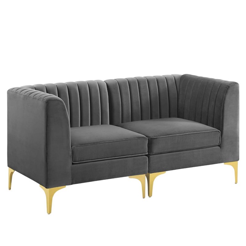 Pemberly Row Channel Tufted Velvet Loveseat in Gray with Gold Metal Legs