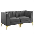 Pemberly Row Channel Tufted Velvet Loveseat in Gray with Gold Metal Legs