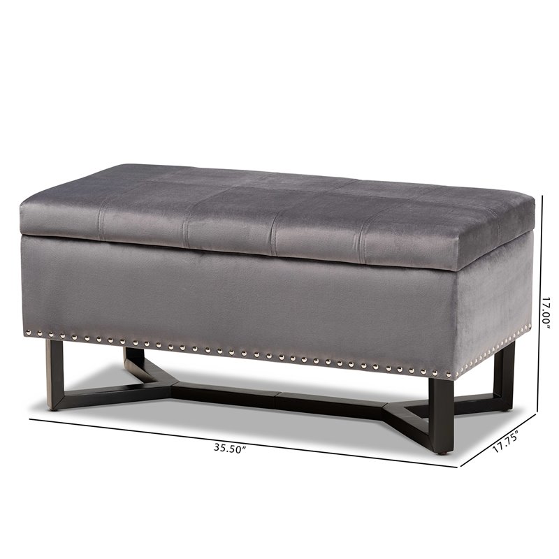 Pemberly Row Grey Velvet Storage Ottoman with Dark Brown Wood Base