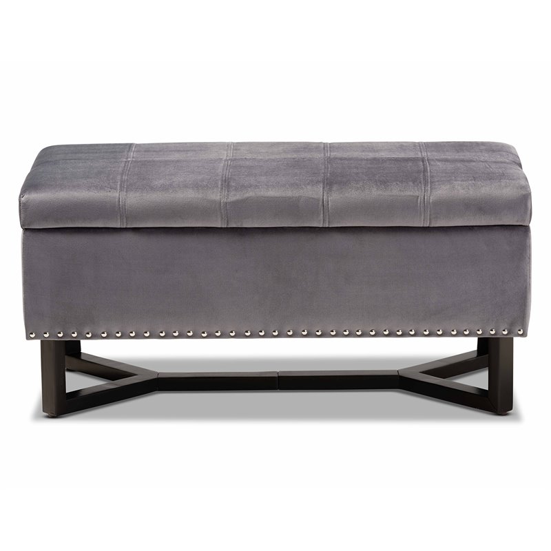 Pemberly Row Grey Velvet Storage Ottoman with Dark Brown Wood Base