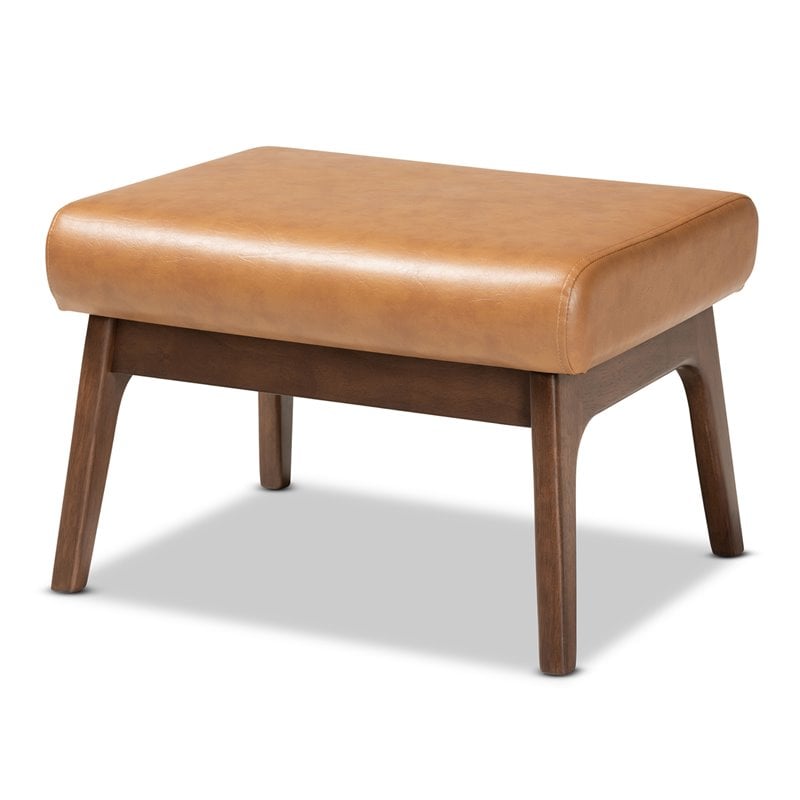 Pemberly Row Faux Leather Ottoman with Walnut Angled Legs in Tan