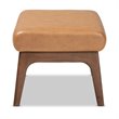 Pemberly Row Faux Leather Ottoman with Walnut Angled Legs in Tan