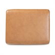 Pemberly Row Faux Leather Ottoman with Walnut Angled Legs in Tan