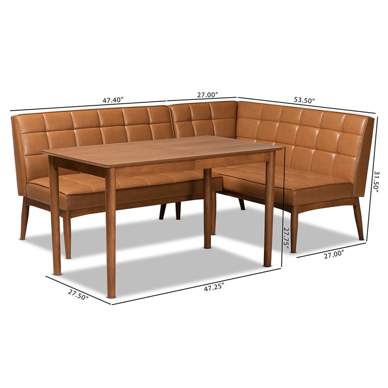 Pemberly Row Mid-Century 3-Piece Dining Nook Set in Walnut Brown