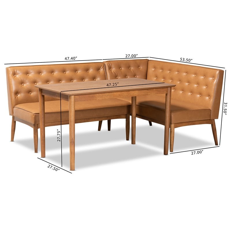 Pemberly Row 3-Piece Walnut Brown Dining Nook Set with Faux Leather Upholstery