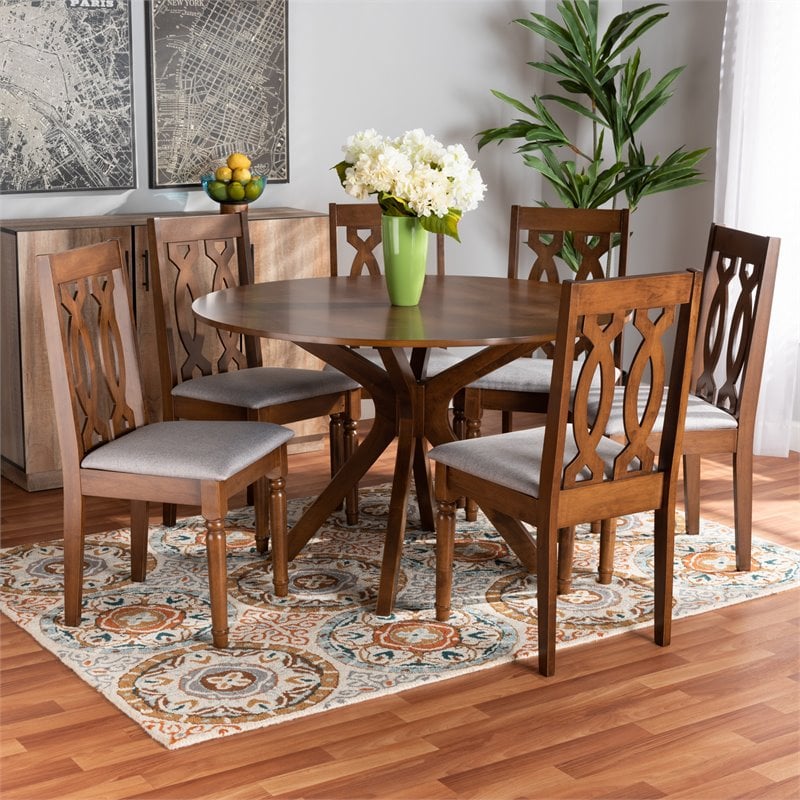 Pemberly Row 7-Piece Dining Set in Grey Fabric and Walnut Brown Wood