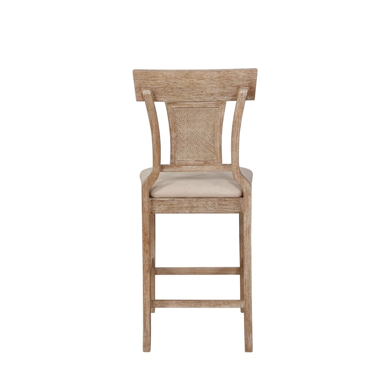 Pemberly Row Upholstered Counter Stool with Rattan Back in Grey Wash