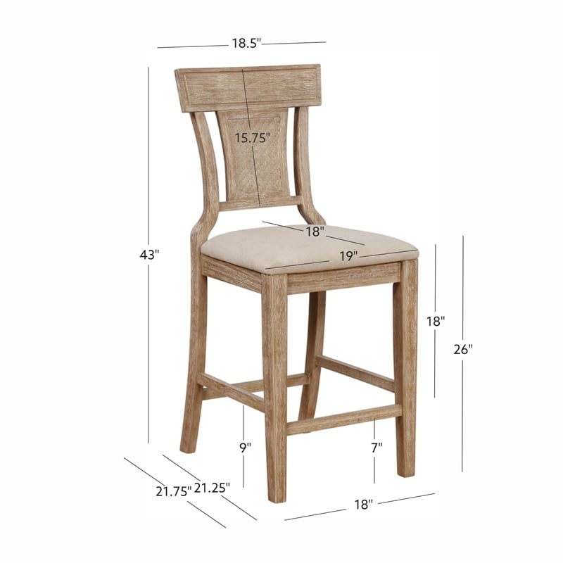 Pemberly Row Upholstered Counter Stool with Rattan Back in Grey Wash
