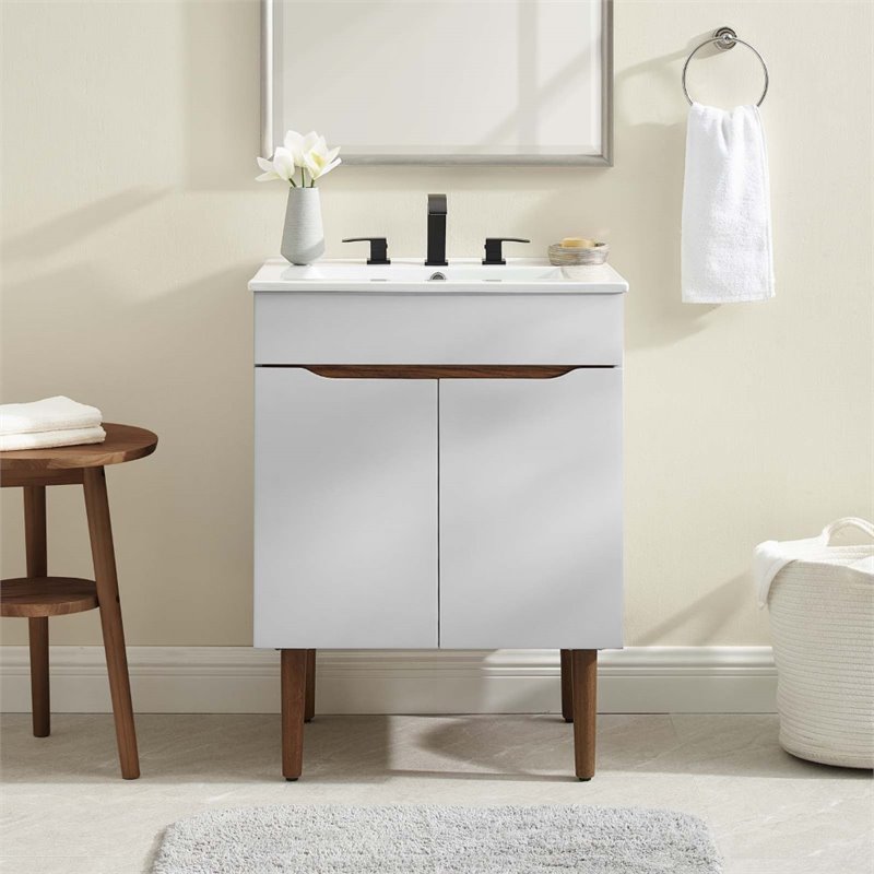 Pemberly Row Gray and White Mid-Century Wood Bathroom Vanity with Shelf