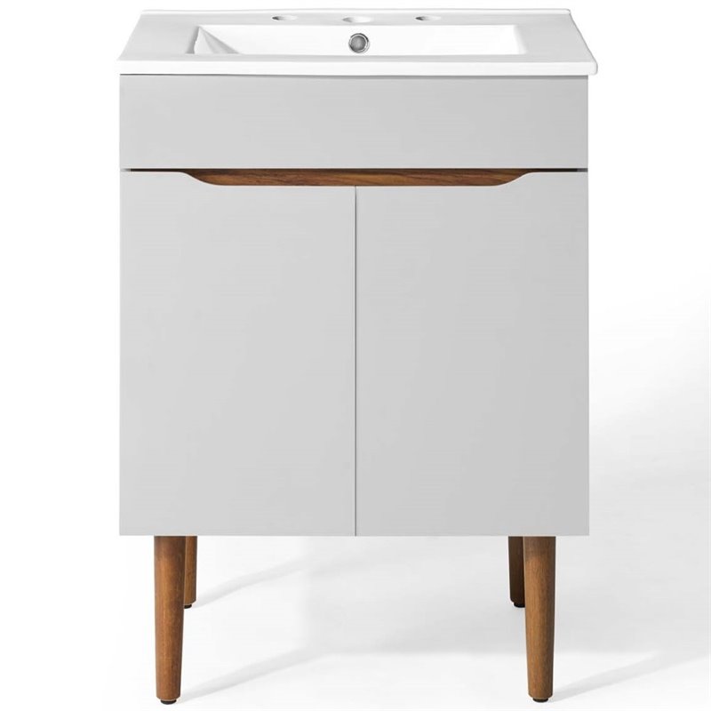 Pemberly Row Gray and White Mid-Century Wood Bathroom Vanity with Shelf