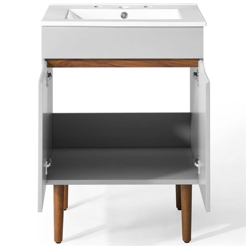 Pemberly Row Gray and White Mid-Century Wood Bathroom Vanity with Shelf