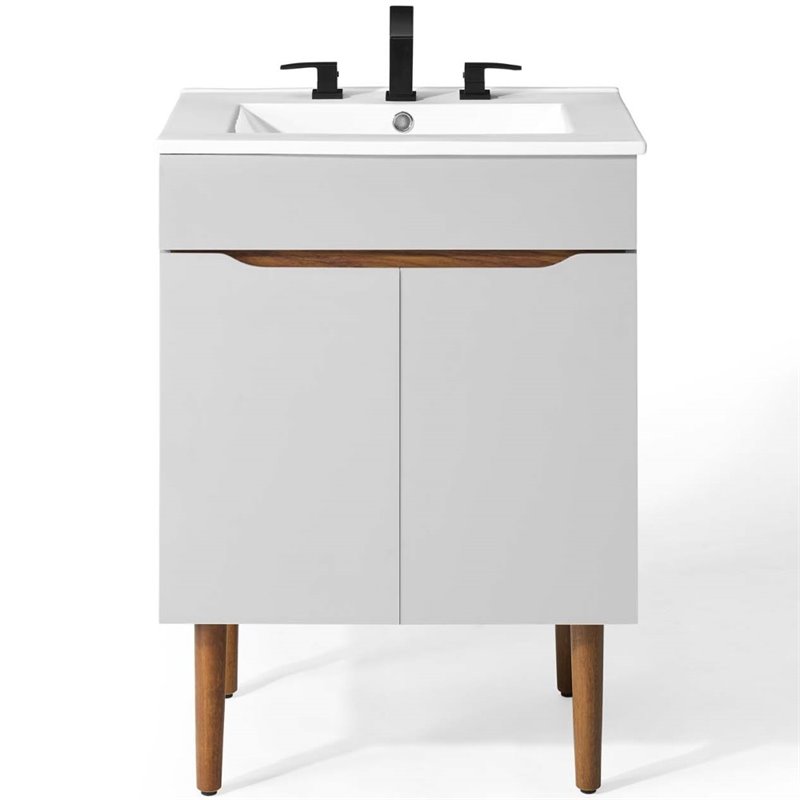 Pemberly Row Gray and White Mid-Century Wood Bathroom Vanity with Shelf