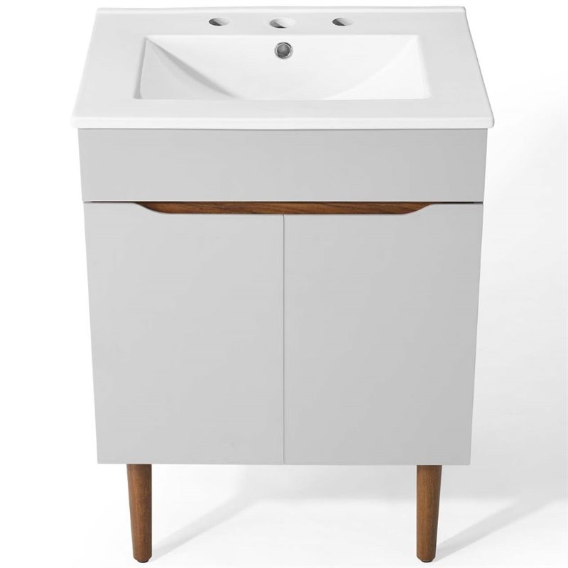 Pemberly Row Gray and White Mid-Century Wood Bathroom Vanity with Shelf