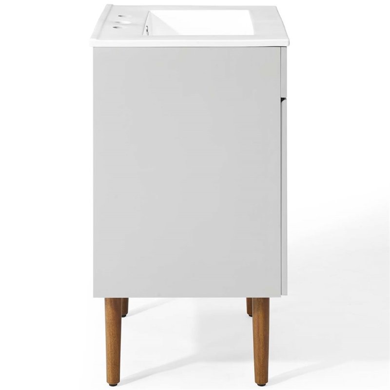 Pemberly Row Gray and White Mid-Century Wood Bathroom Vanity with Shelf