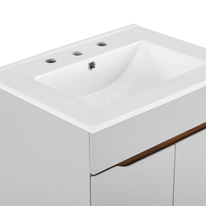 Pemberly Row Gray and White Mid-Century Wood Bathroom Vanity with Shelf