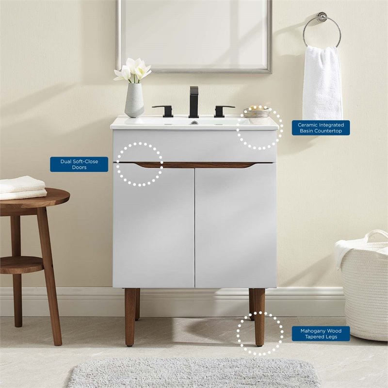 Pemberly Row Gray and White Mid-Century Wood Bathroom Vanity with Shelf