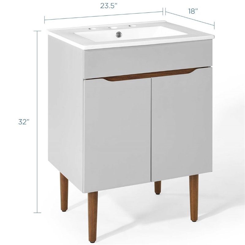 Pemberly Row Gray and White Mid-Century Wood Bathroom Vanity with Shelf