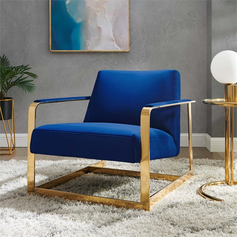 Pemberly Row Gold and Navy Performance Velvet Accent Chair with Steel Frame
