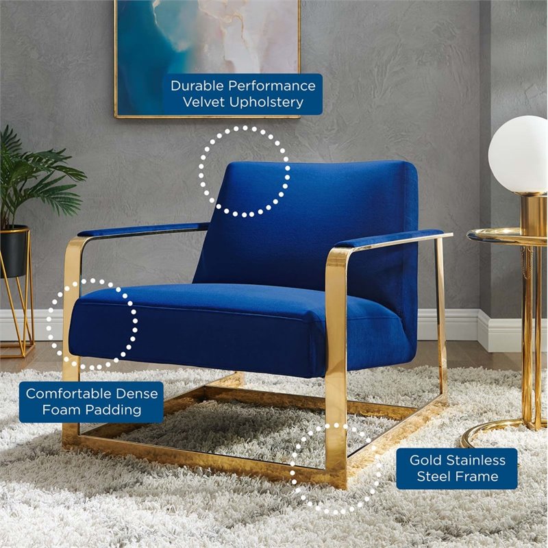 Pemberly Row Gold and Navy Performance Velvet Accent Chair with Steel Frame