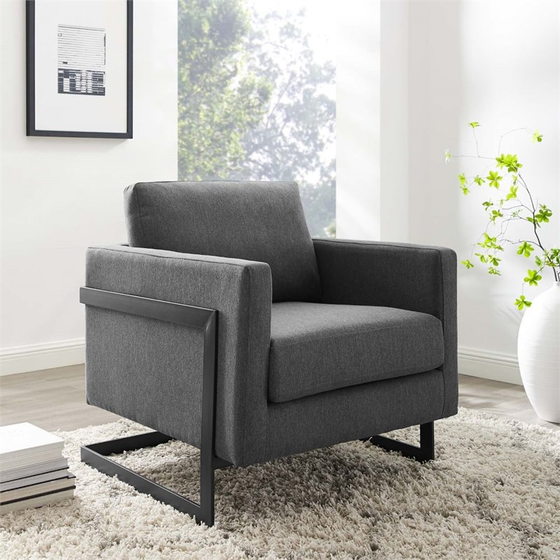 Pemberly Row Upholstered Accent Chair in Black Charcoal with Metal Base
