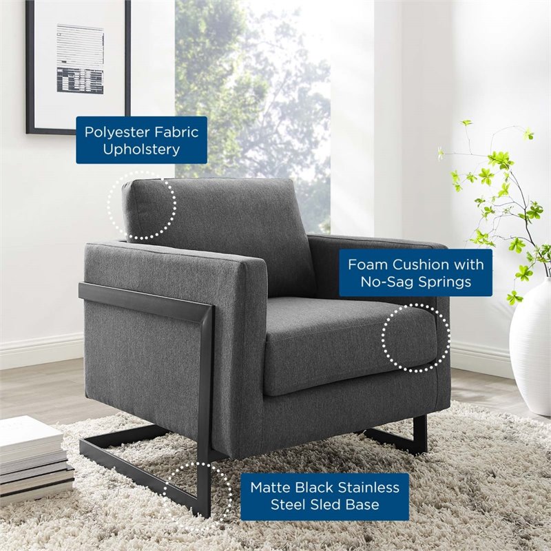 Pemberly Row Upholstered Accent Chair in Black Charcoal with Metal Base
