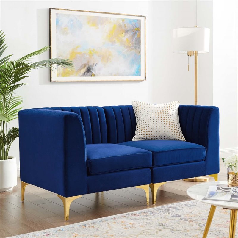 pemberly row channel tufted velvet loveseat in navy with gold metal legs