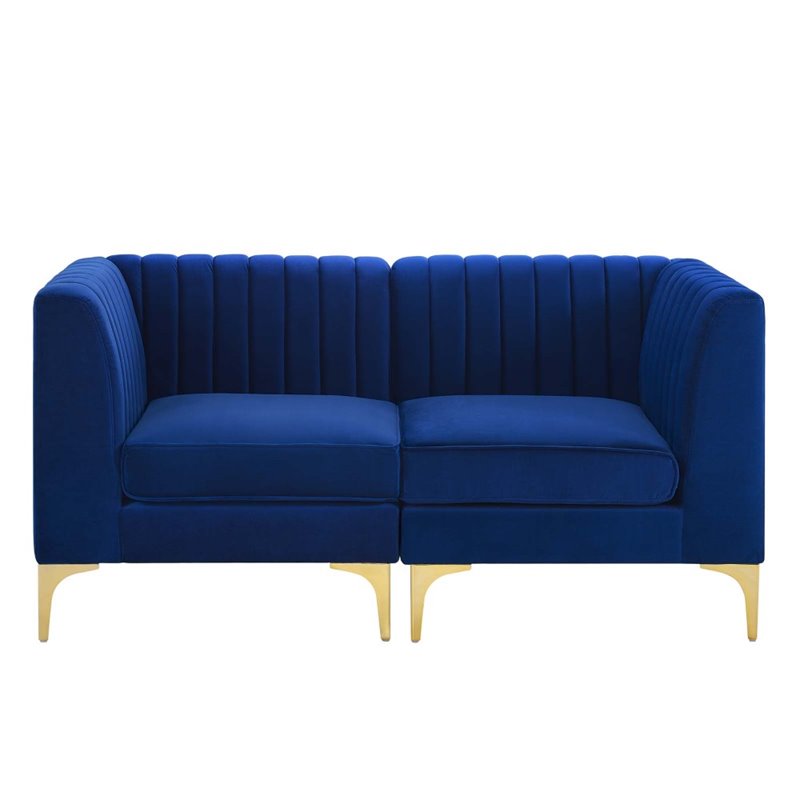 pemberly row channel tufted velvet loveseat in navy with gold metal legs