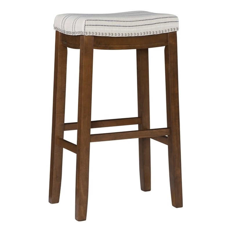 Pemberly Row Bar Stool with Striped Linen Seat & Wood Frame in Brown