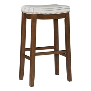 Pemberly Row Bar Stool with Striped Linen Seat & Wood Frame in Brown