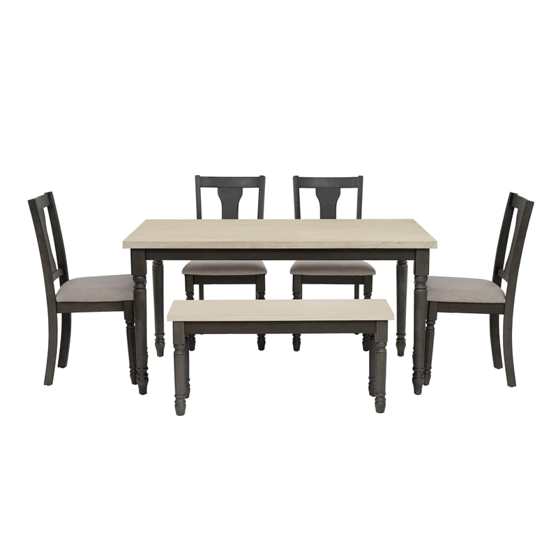 Pemberly Row 6-Piece Wood Dining Set with Bench in Smokey White/Dark Gray