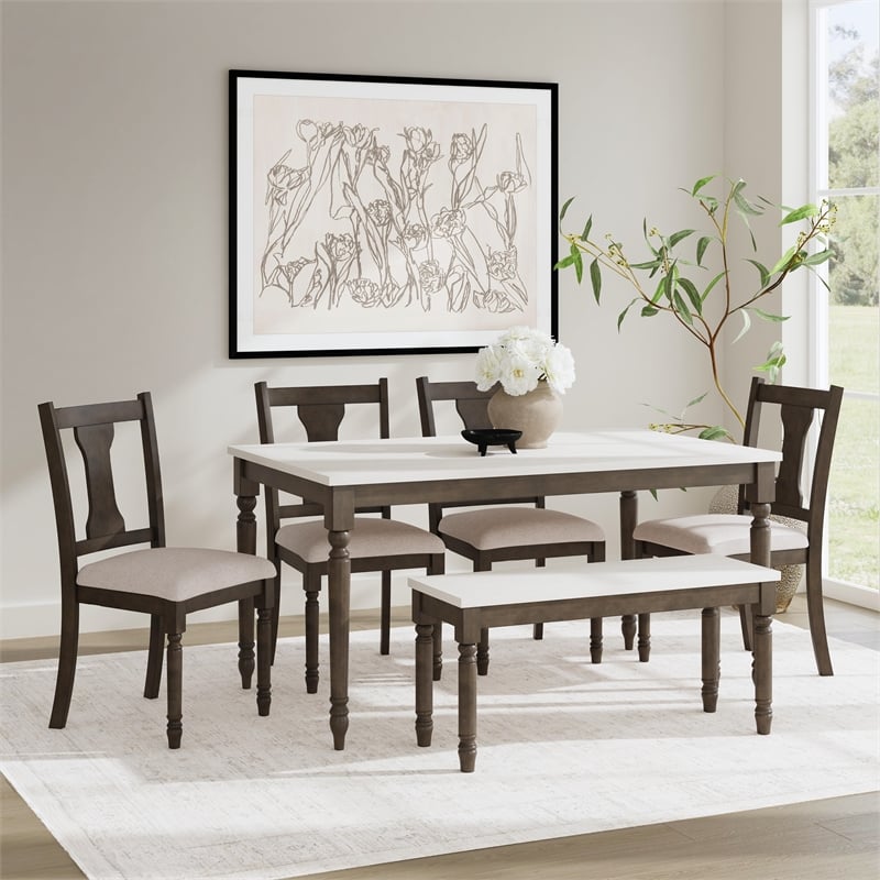 Pemberly Row 6-Piece Wood Dining Set with Bench in Smokey White/Dark Gray