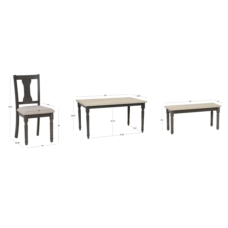 Pemberly Row 6-Piece Wood Dining Set with Bench in Smokey White/Dark Gray