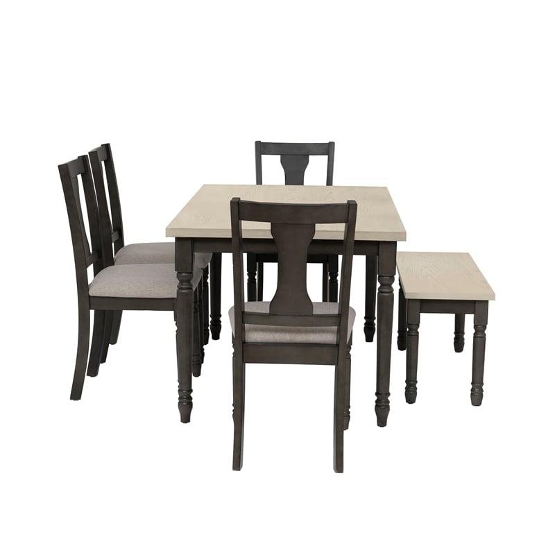 Pemberly Row 6-Piece Wood Dining Set with Bench in Smokey White/Dark Gray
