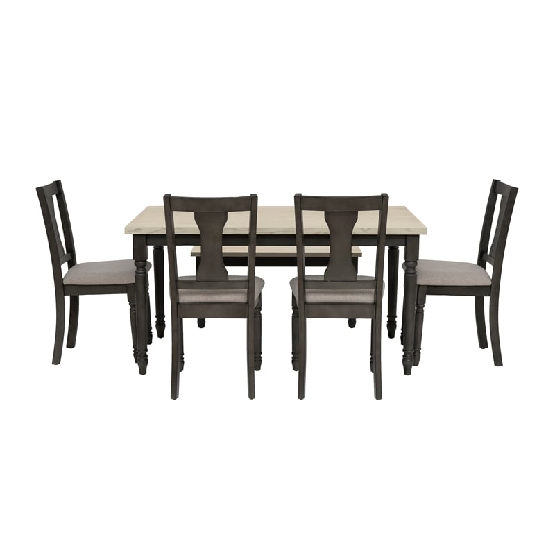 Pemberly Row 6-Piece Wood Dining Set with Bench in Smokey White/Dark Gray