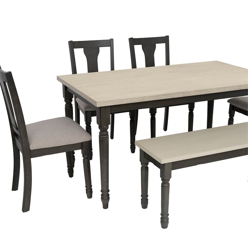 Pemberly Row 6-Piece Wood Dining Set with Bench in Smokey White/Dark Gray