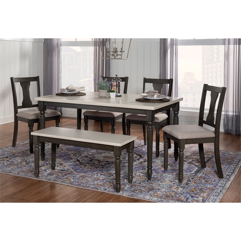 Pemberly Row 6-Piece Wood Dining Set with Bench in Smokey White/Dark Gray